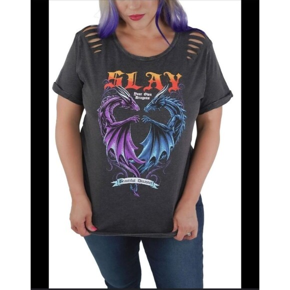 Beautiful Disaster Women's Slay Slash Shoulder Tee Dragons Size XXL - Picture 3 of 12